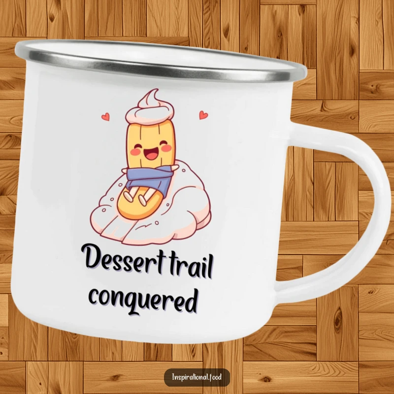 Funny camping mug depicting a baguette character gleefully sliding down a meringue mountain, ideal for foodies in the great outdoors.