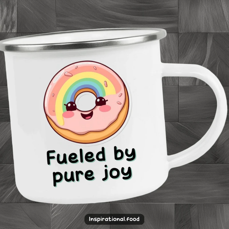 Funny camping mug showcasing a joyous doughnut character with a brilliant rainbow glaze, built for outdoor enjoyment.