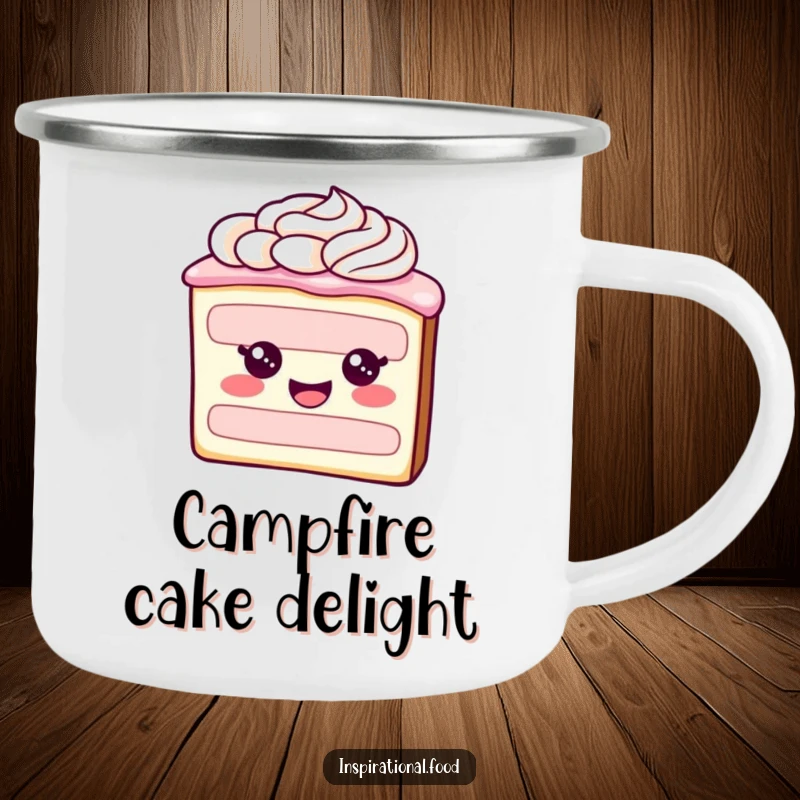 Funny camping mug with a cake slice and frosting swirl design, perfect for enjoying drinks during outdoor activities.