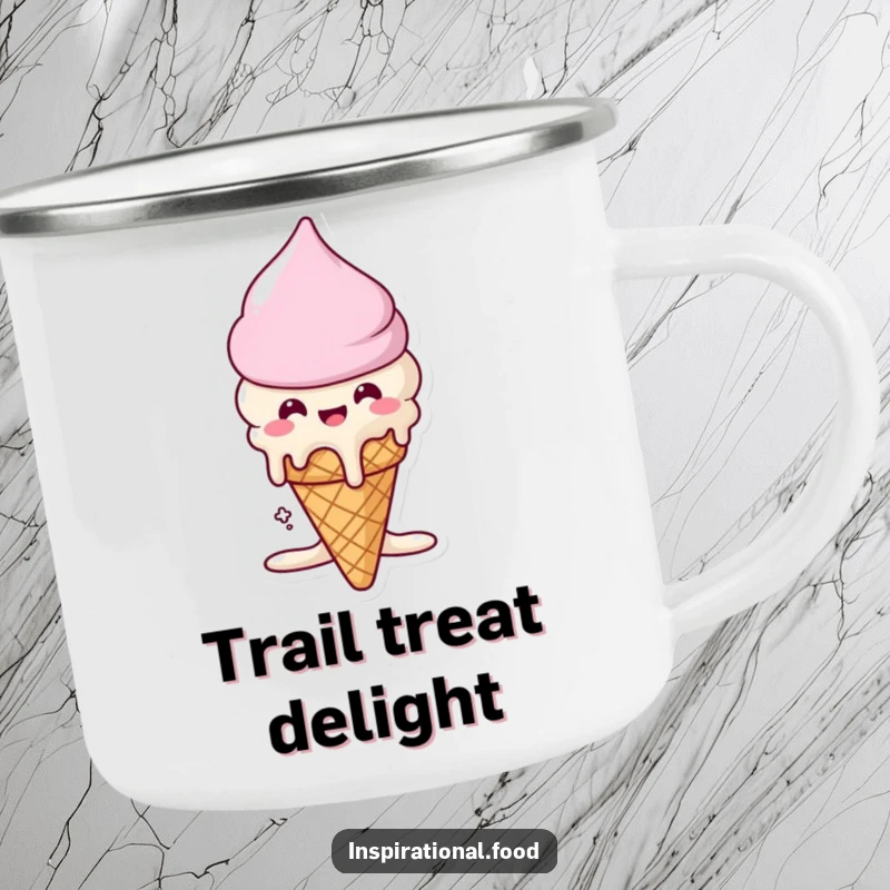 Funny camping mug with a beaming ice cream cone character melting, perfect for enjoying sweet drinks outdoors.