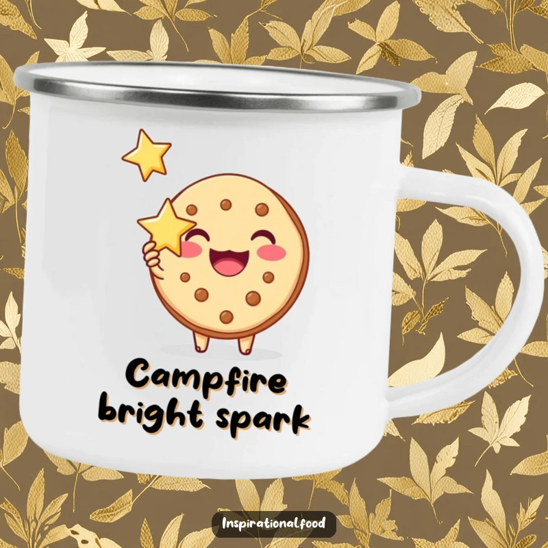 Funny camping mug with a joyous cookie character holding a star, perfect for enjoying drinks during outdoor adventures.