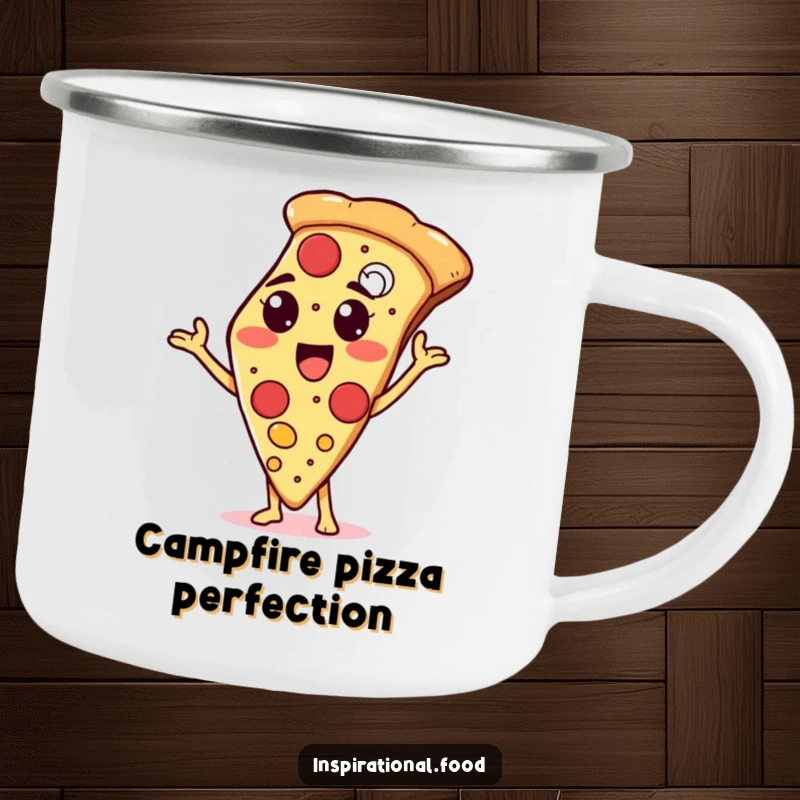 Funny camping mug with a proud pizza slice character showcasing toppings, perfect for enjoying meals outdoors.