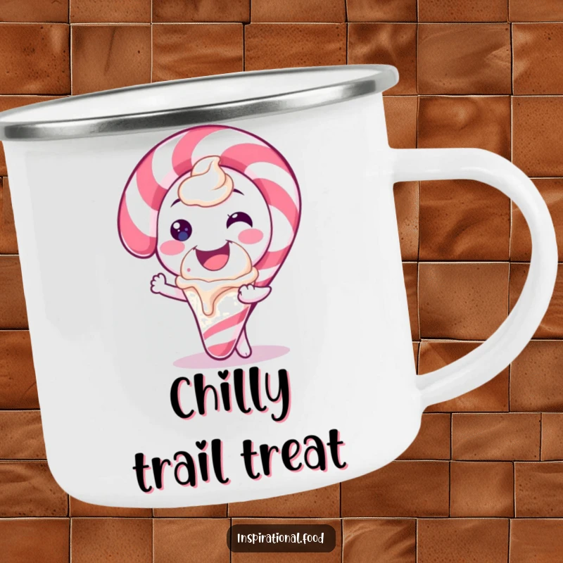 Funny camping mug depicting a candy cane character smiling broadly and offering a scoop of ice cream, ideal for holiday campers.