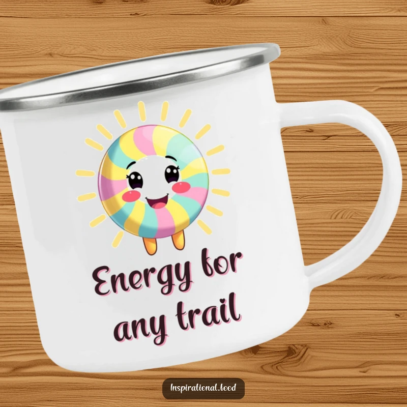 Funny camping mug featuring a smiling candy character radiating vibrant, colorful energy, perfect for outdoor adventures, a rugged funny gift.