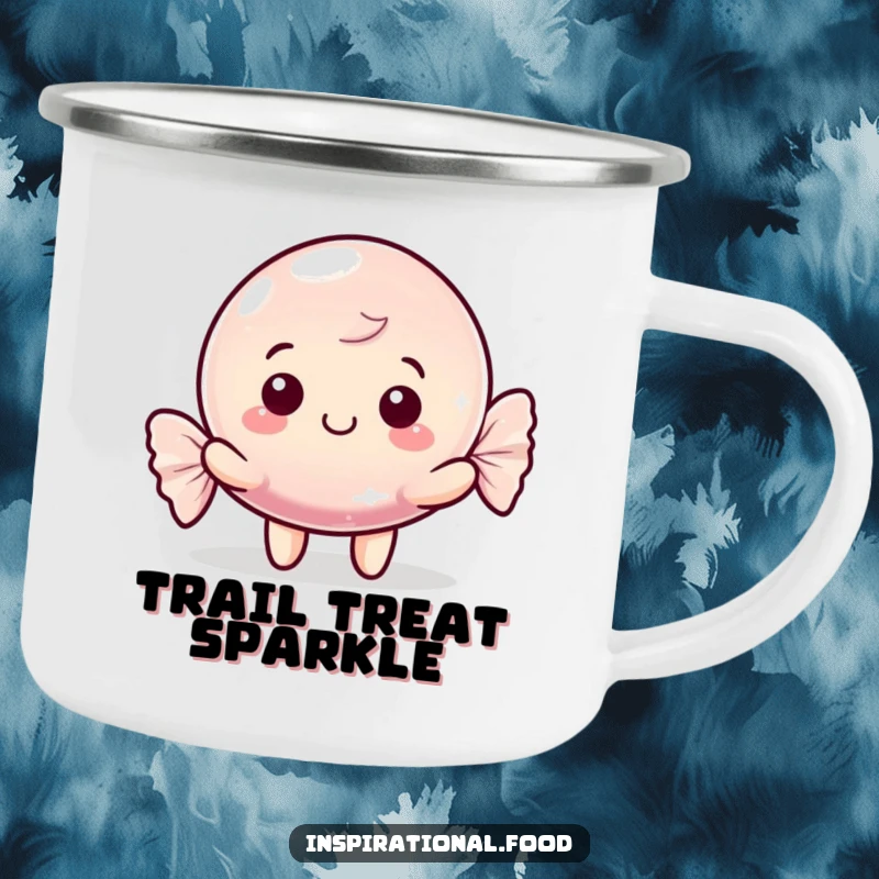 Funny camping mug with a happy candy character and shimmering wrapper, perfect for outdoor trips and evoking sweetness, a sturdy funny gift.
