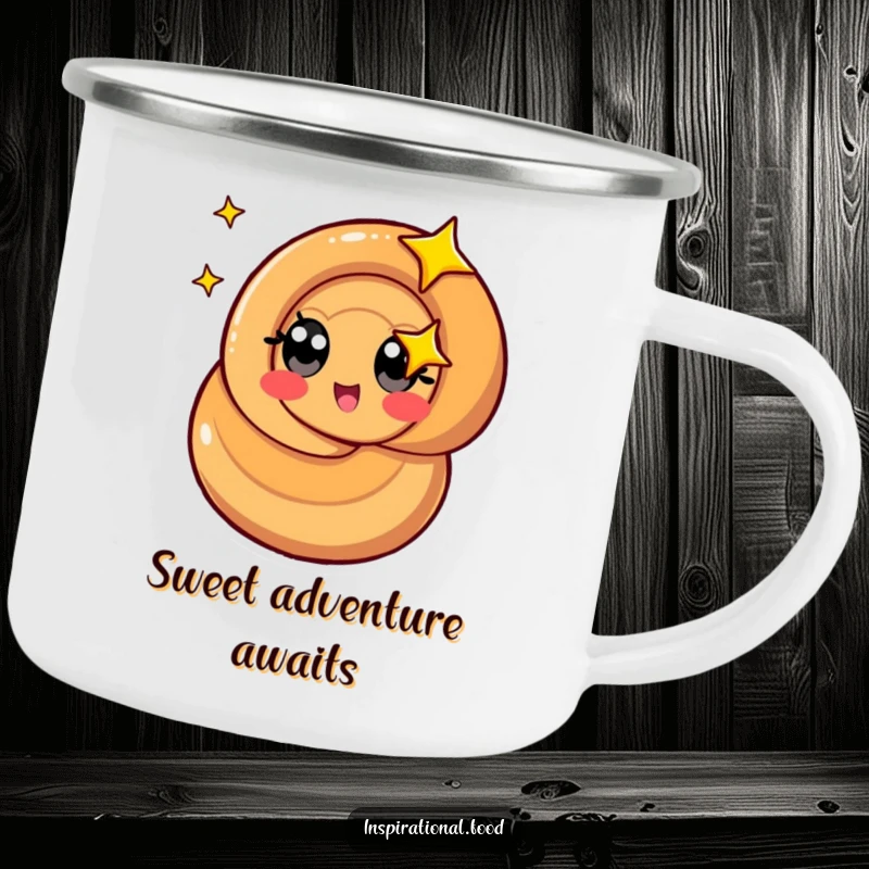 Funny caramel swirl camping mug with a stylized character with starry eyes spinning, perfect for outdoor beverages.
