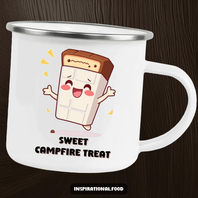 Funny camping mug showing a content chocolate bar character doing a celebratory spin, perfect for outdoor enjoyment.