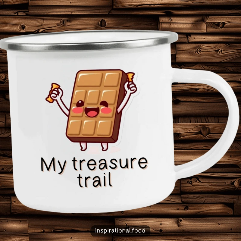 Funny chocolate bar camping mug with a beaming character holding a golden wrapper aloft, perfect for enjoying hot drinks on adventures.
