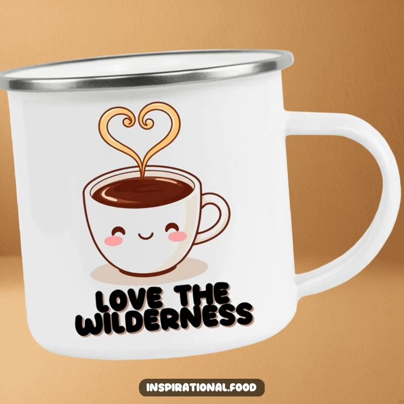 Funny camping mug featuring a coffee cup character with steam forming a heart, designed for outdoor enjoyment.