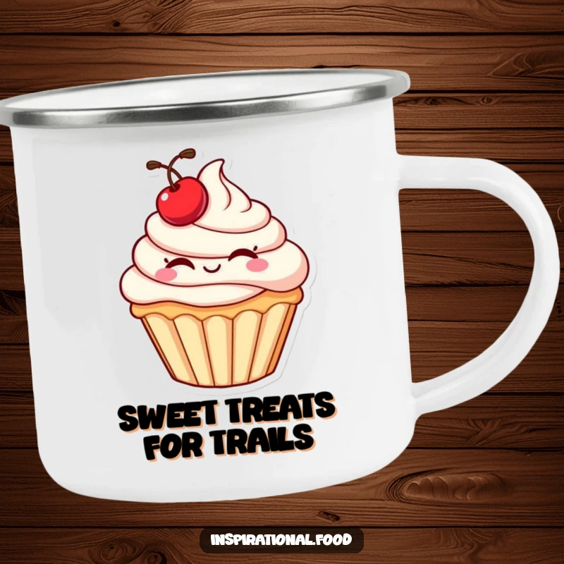 Funny cupcake camping mug featuring a plump character with a cherry winking, perfect for enjoying beverages during outdoor excursions.