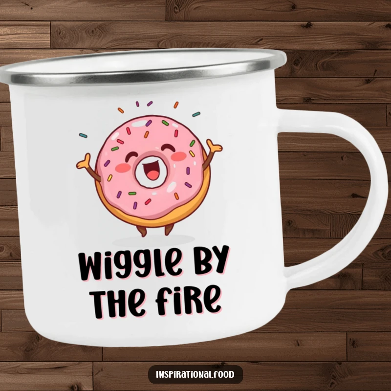 Funny enthusiastic donut wiggling with sprinkles on a camping mug, bringing sweet vibes to outdoor adventures.