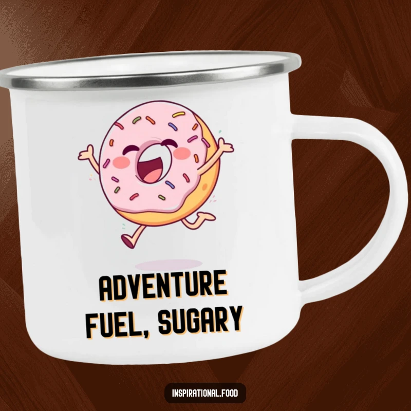 Funny camping mug featuring an ecstatic donut with sprinkles doing a cheerful leap, durable for adventures and smiles.
