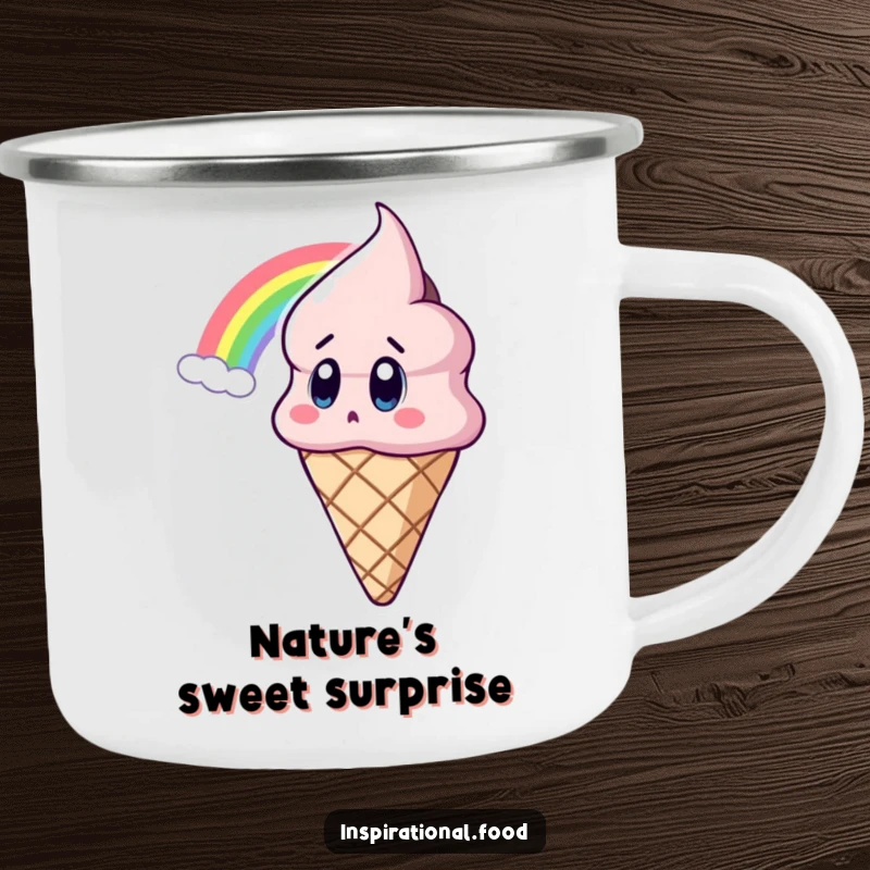 Funny Ice Cream Camping Mug showing an amazed ice cream cone character looking at a rainbow, perfect for outdoor enthusiasts and a fun gift.