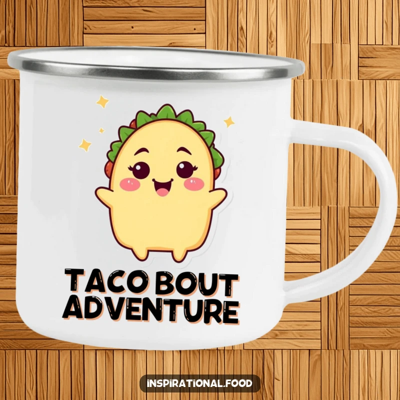 Funny taco camping mug, a happy taco character winking, perfect for outdoor lovers who enjoy Mexican food and humorous designs.