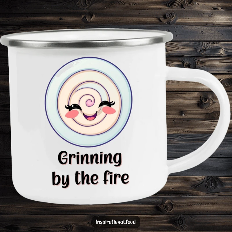 Funny Candy Swirl Camping Mug with a delighted candy swirl with a playful grin, perfect for fun outdoor enjoyment.