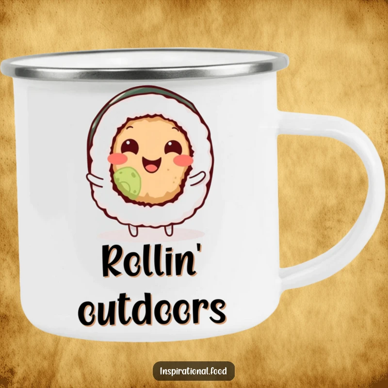 Funny sushi roll character wiggling its body with delight on a durable camping mug, perfect for beverages on the go.