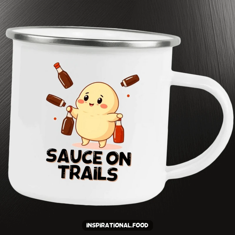 Funny dumpling character juggling miniature soy sauce bottles on a durable camping mug, perfect for drinks in nature.