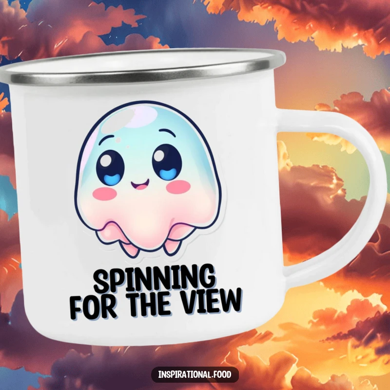Funny camping mug with a wobbling jelly character with round eyes, spinning around with playful energy.