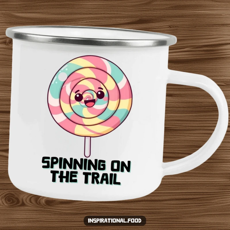 Funny Lollipop Camping Mug with a happy, spinning lollipop and a colorful swirling pattern, perfect for outdoor enjoyment.