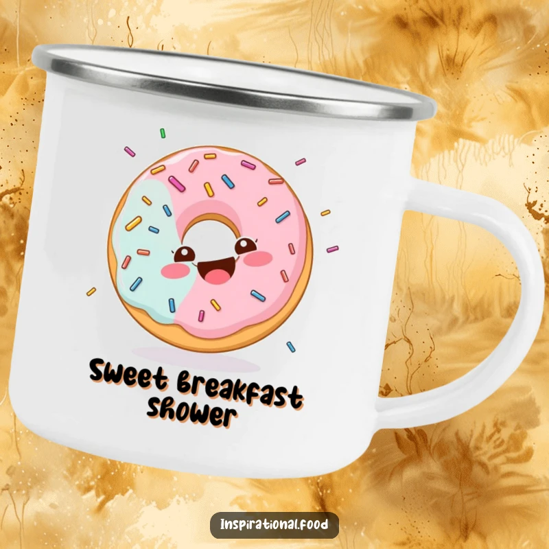 Funny camping mug depicting a donut character with a happy swirl, giggling joyfully while showered in sprinkles, ideal for sweet lovers.