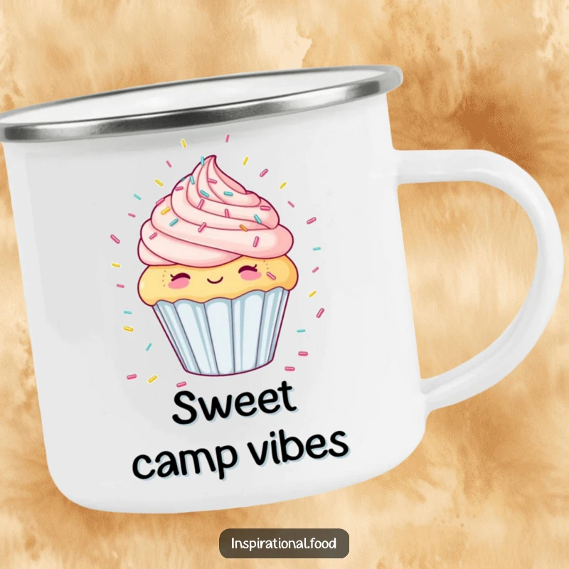 Funny camping mug decorated with a happy cupcake dreaming of a candy sprinkle shower, adding fun to outdoor brews.