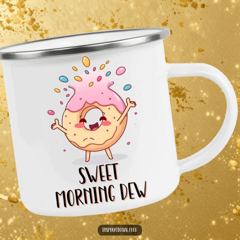 Funny donut camping mug, a happy donut character joyfully showering sugar, perfect for outdoor lovers who enjoy desserts and humorous designs.