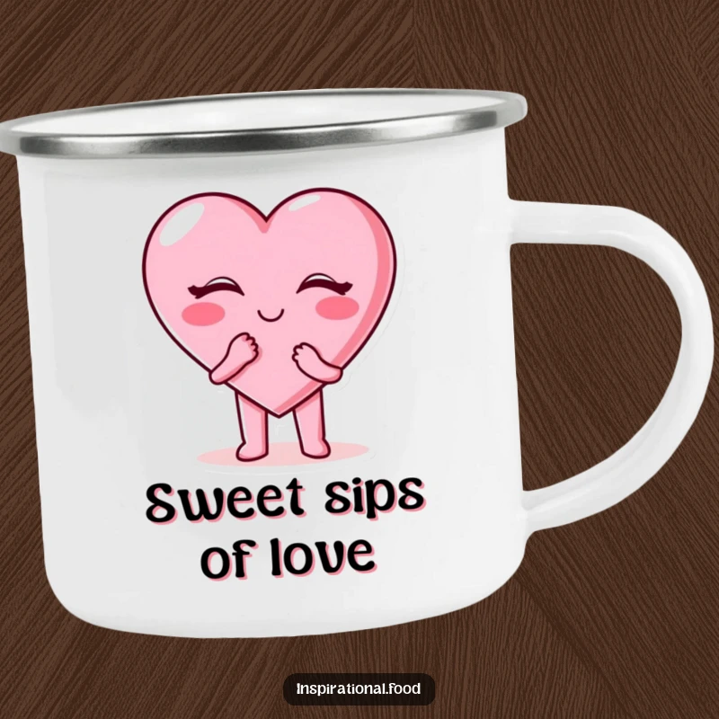 Funny candy heart camping mug with a happy candy heart character blowing a kiss, perfect for outdoor beverages.