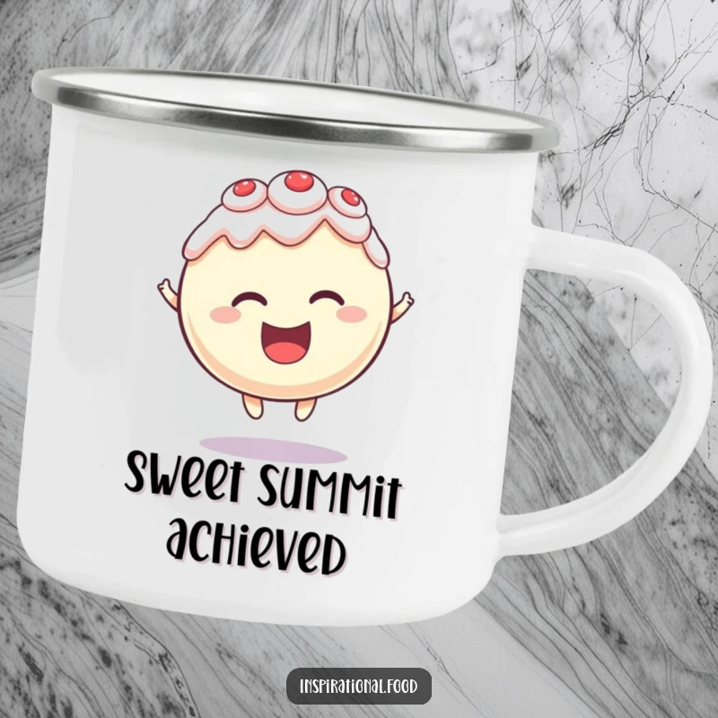 Funny camping mug with a round cake character levitating with delight, perfect for outdoor drinks and magical moments.