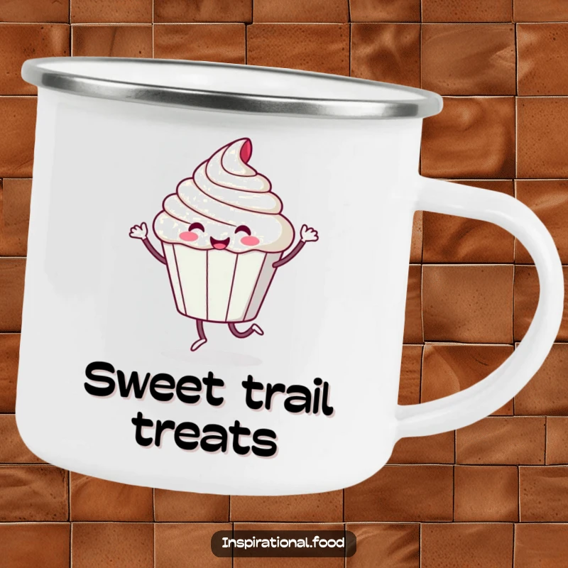 Funny camping mug showing a playful cupcake character dancing happily with sugary flair, perfect for outdoor enjoyment.