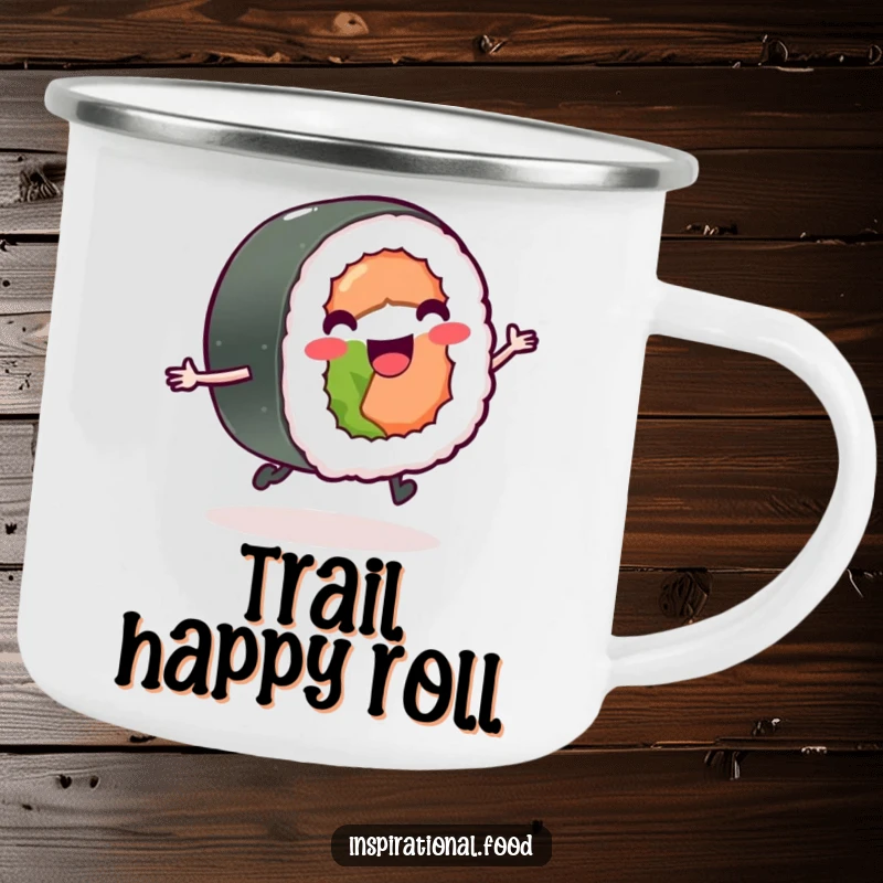 Funny sushi roll with tiny legs skipping on a camping mug, bringing happy vibes to outdoor adventures.