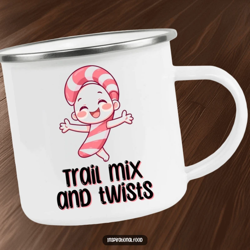Funny candy cane camping mug featuring a smiling character joyfully twirling, perfect for enjoying festive beverages on the go.
