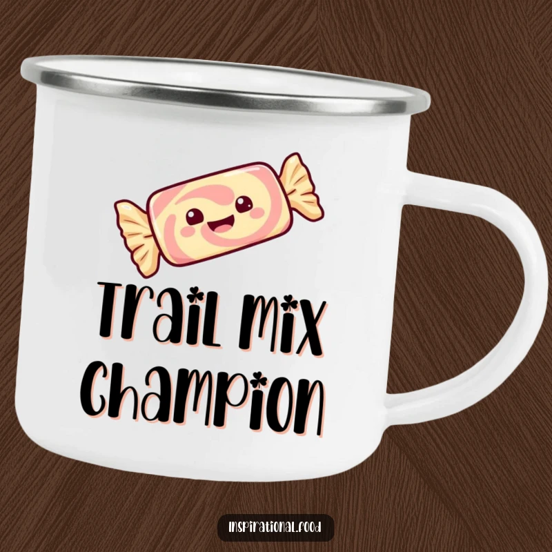 Funny camping mug with a gleeful candy bar twirling with delight in its wrapper, ready for outdoor adventures.