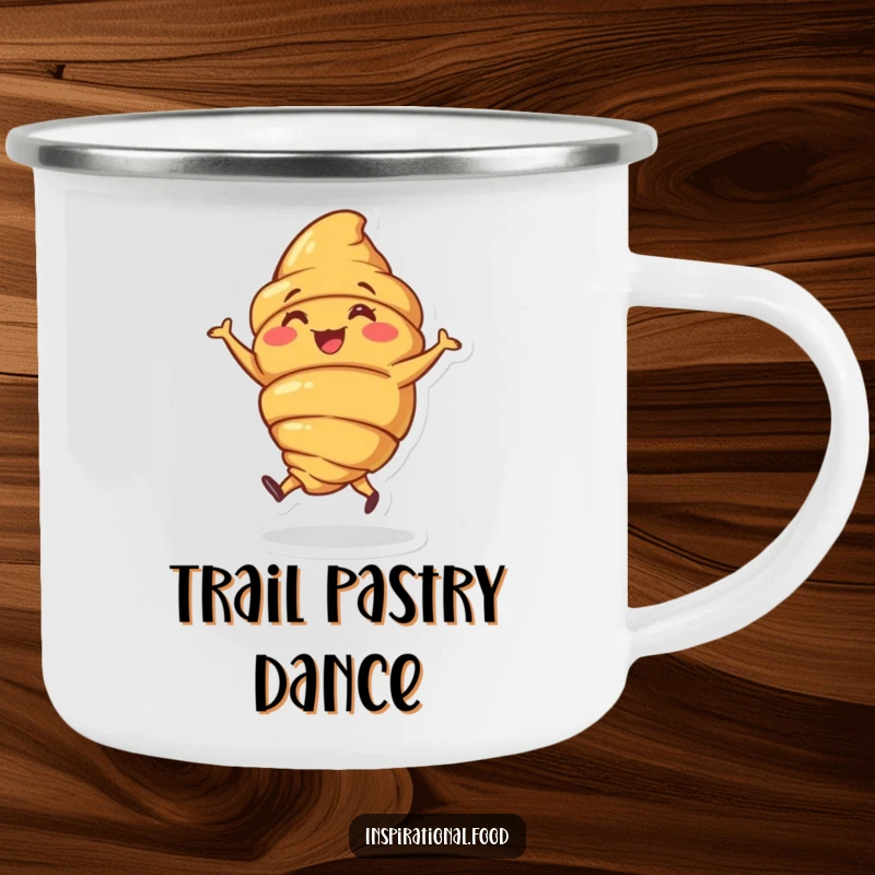 Funny camping mug with a joyous croissant character doing a little jig, designed for outdoor enjoyment.