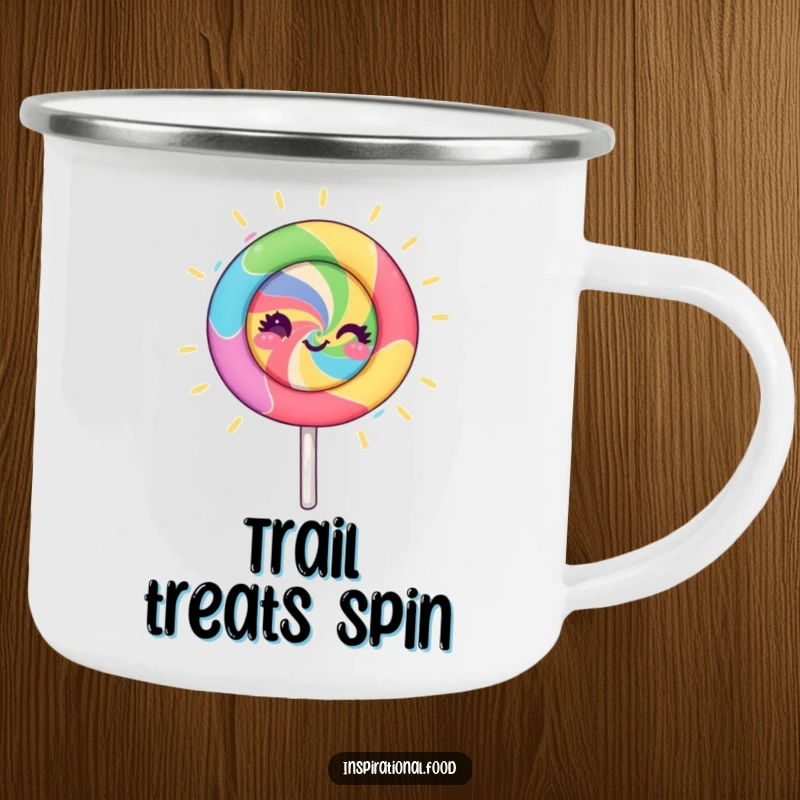 Funny lollipop character camping mug, spinning with vibrant colors and creative energy, perfect for outdoor drinks, adding artistic humor to camping.