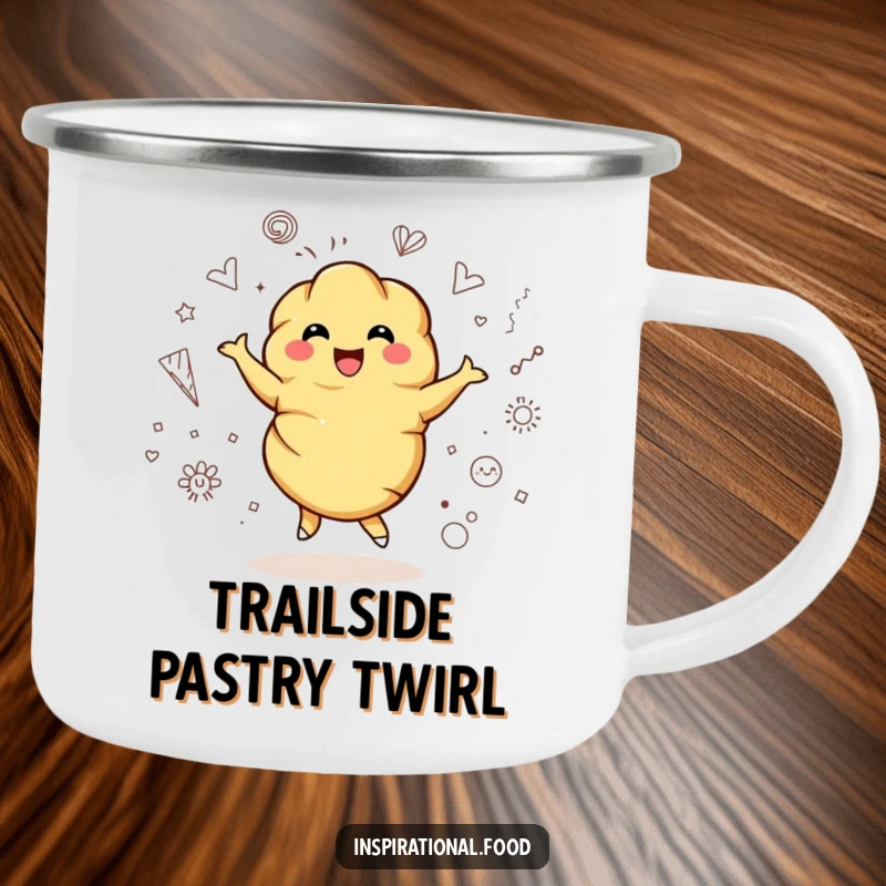 Funny camping mug featuring a bubbly croissant character joyfully twirling surrounded by artistic doodles, for humorous outdoor sipping.
