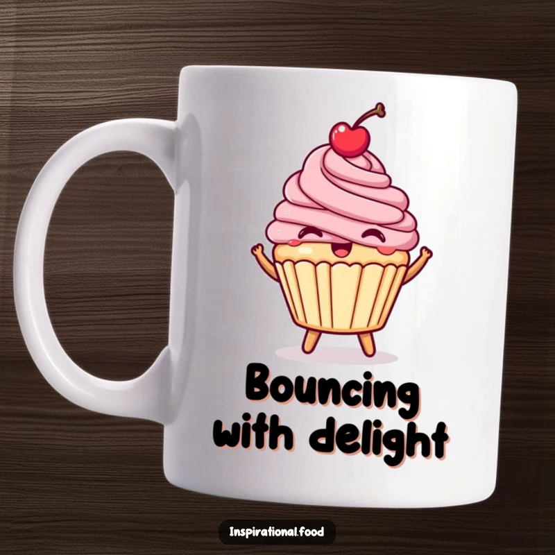 Funny happy cupcake mug, with a cherry on top, bouncing joyfully, cute and sweet.
