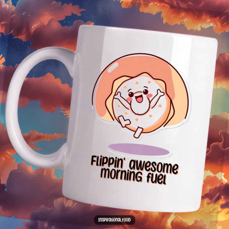 Funny mug featuring a happy doughnut character performing an energetic cartwheel, symbolizing pure joy and a love for treats.