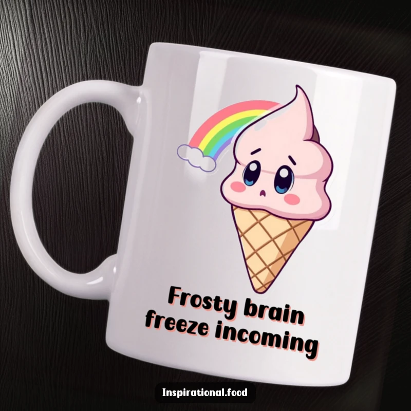 Funny Ice Cream Mug featuring a wide-eyed ice cream cone character gazing in awe at a colorful rainbow, a whimsical scene.