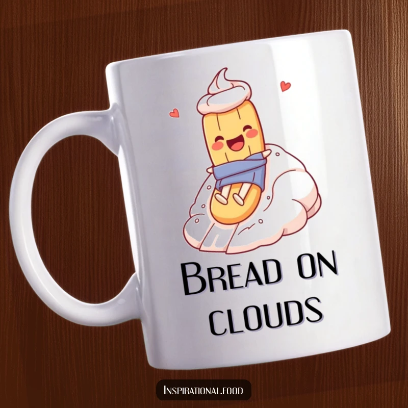 Funny mug with a baguette character gleefully sliding down a giant, fluffy meringue mountain, depicting a delicious food adventure.