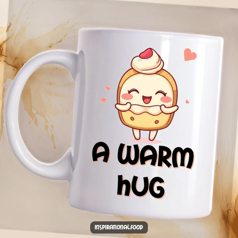 Funny mug featuring a blushing pastry character joyfully sharing delightful images of delicious food with a warm smile.