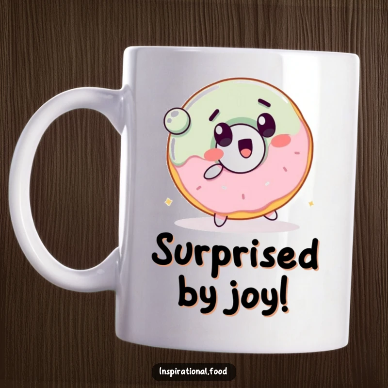 Funny mug with a cheerful donut character with a surprised expression, actively bouncing a ball.