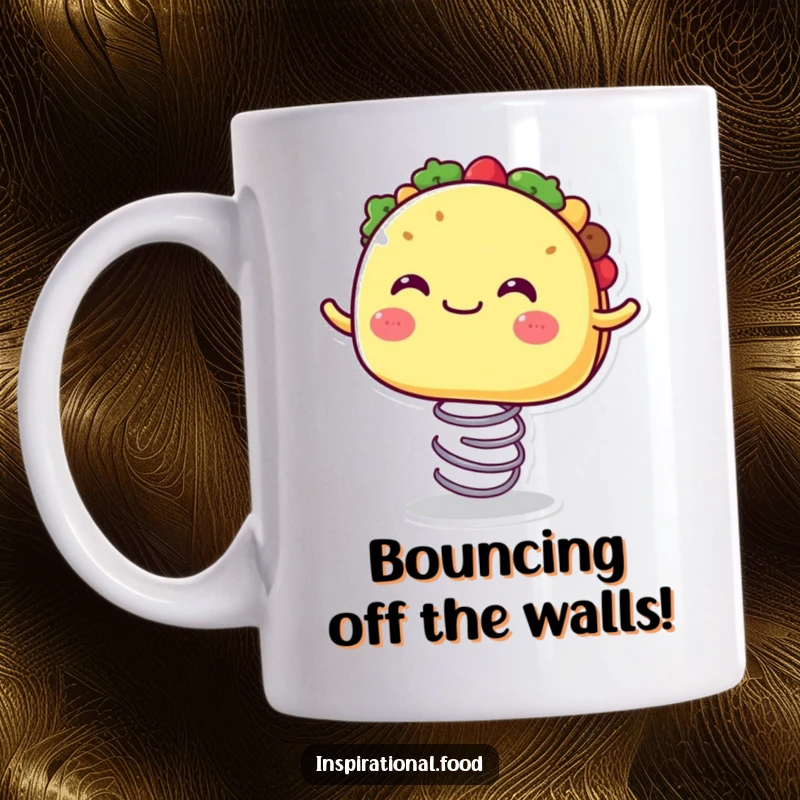 Funny mug with a joyful taco character with a wide, happy mouth bouncing energetically on a spring.