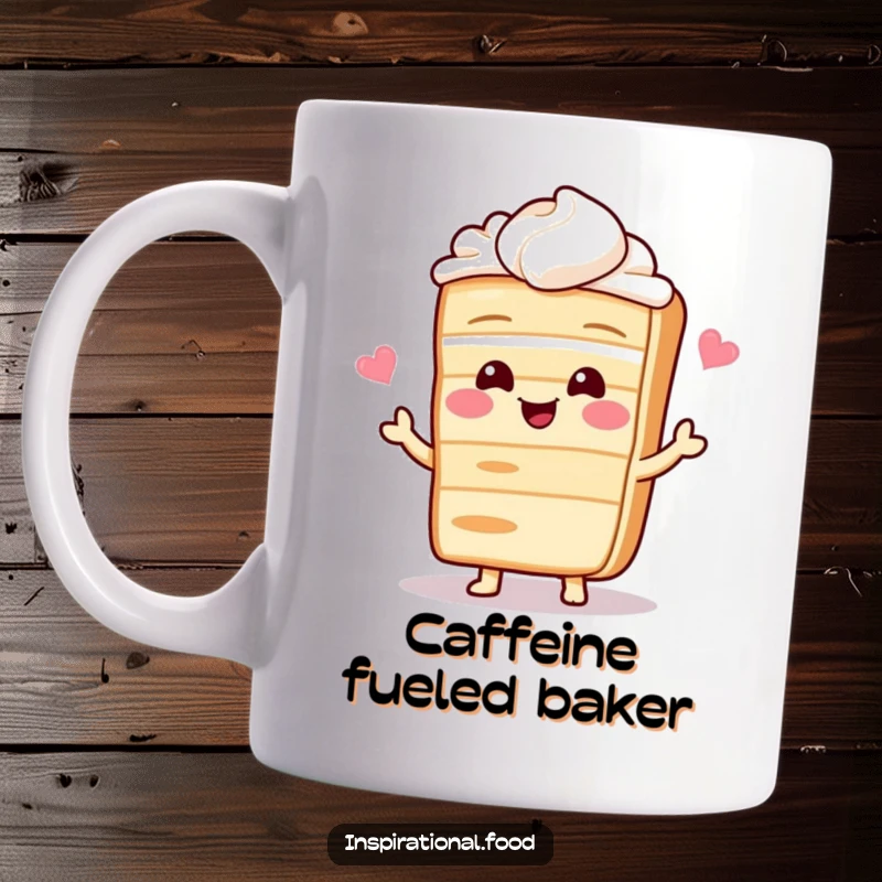 Funny mug with a giggling slice of cake character joyfully presenting a delightful recipe card, celebrating baking fun.