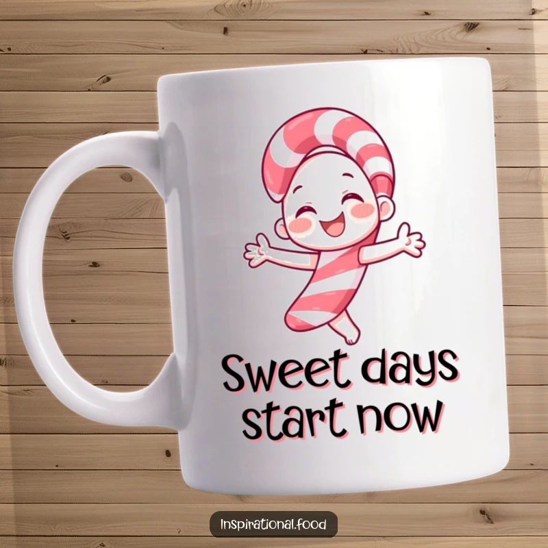 Funny candy cane mug featuring a smiling character joyfully twirling, exuding festive cheer and sweet holiday vibes.