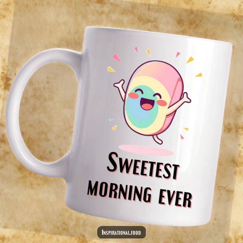Funny candy mug with a gleeful character doing a flamboyant, celebratory flourish, spreading joy and sweetness with every sip.
