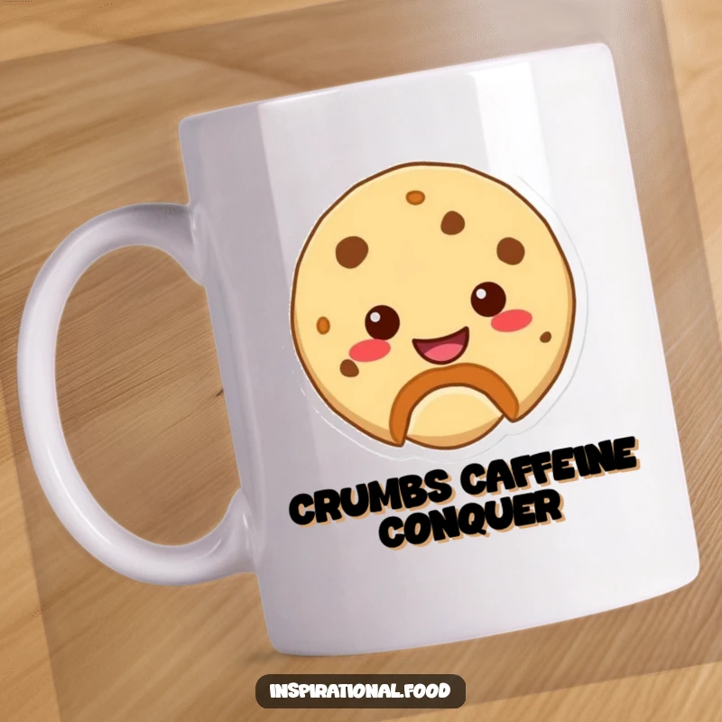 Funny mug featuring a happy cookie character with a bite mark revealing a charming smile, perfect for a cheerful start.