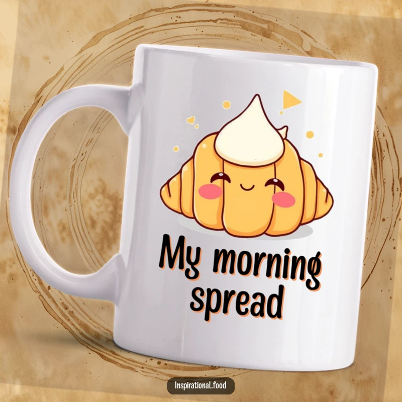 Funny croissant mug with a smiling pastry dreaming of a giant butter mountain, conveying a hilarious desire for deliciousness.