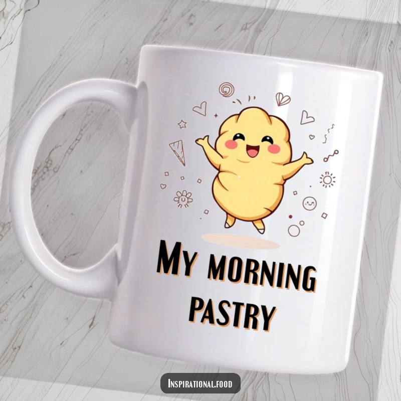 Funny mug featuring a bubbly croissant character joyfully twirling surrounded by whimsical artistic doodles.