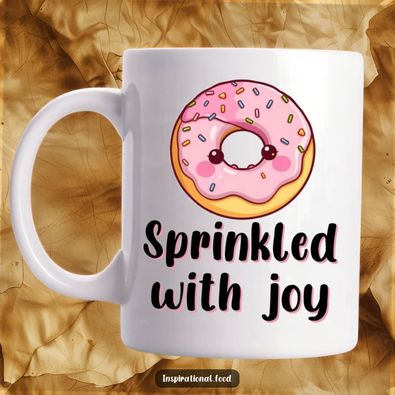 Happy donut character with a halo of shiny sprinkles on a cheerful mug. Sweet gift.
