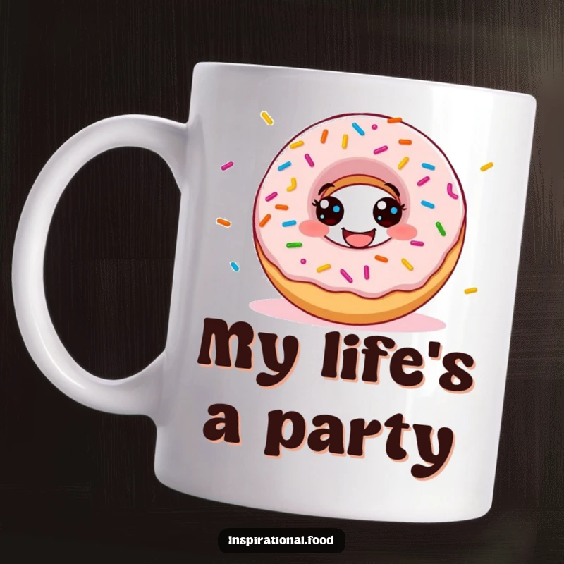 Funny donut mug with a grinning character scattering colorful sprinkles, bringing a playful and sweet vibe to your drinkware.